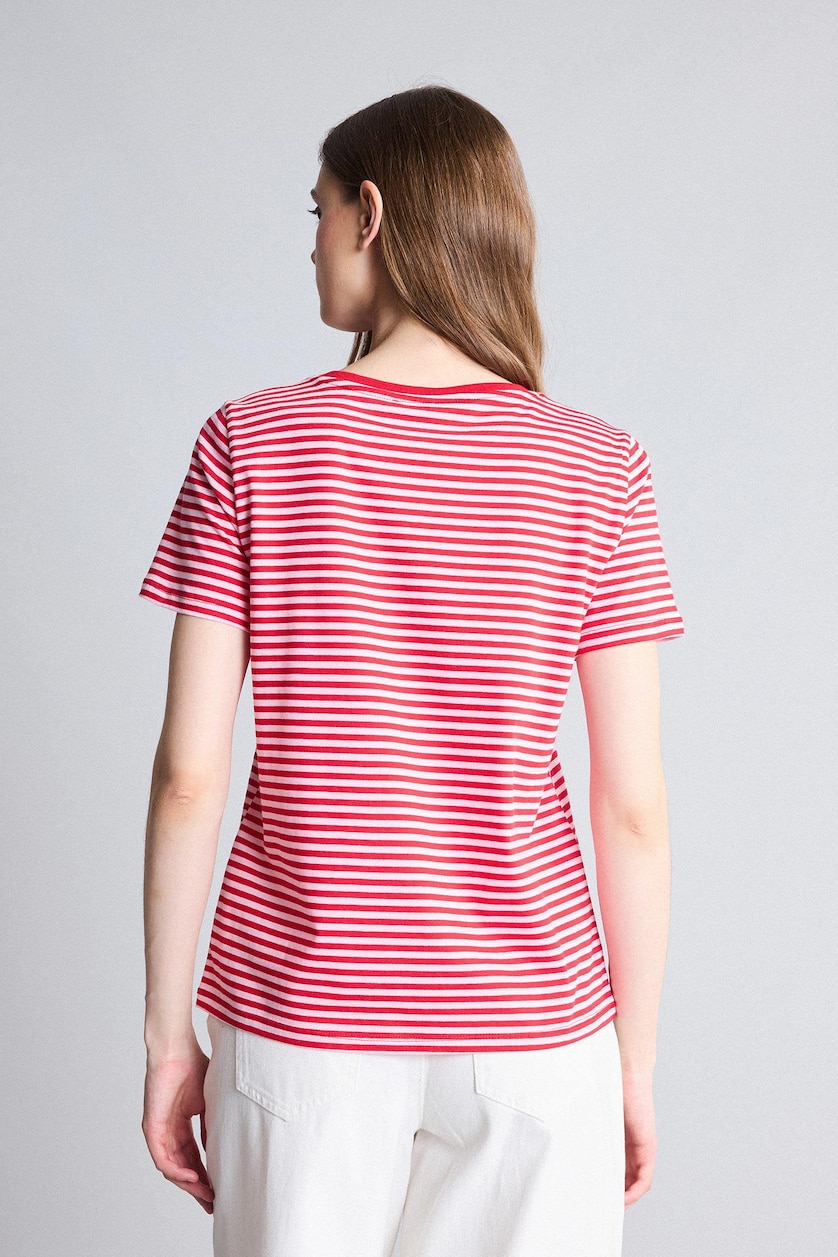 Women Red Regular Fit Crew Neck Striped Cotton Red T-Shirt