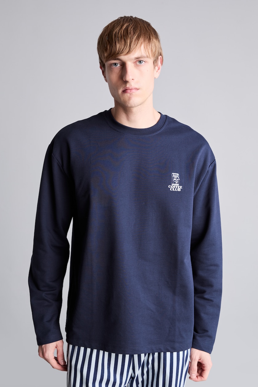 MAN NAVY Regular Fit 100% Cotton Long Sleeve Crew Neck Top and Striped Trousers Pajama Set