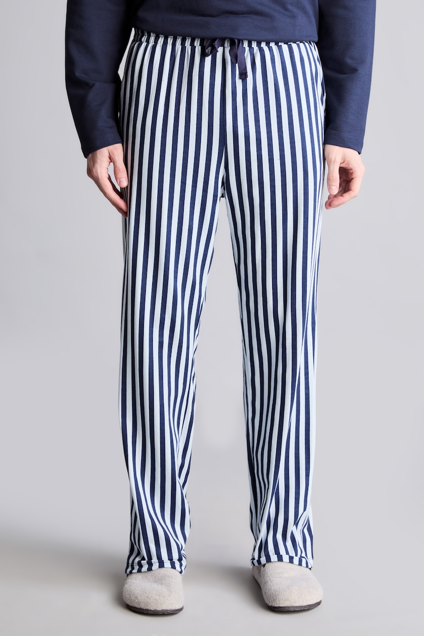 MAN NAVY Regular Fit 100% Cotton Long Sleeve Crew Neck Top and Striped Trousers Pajama Set