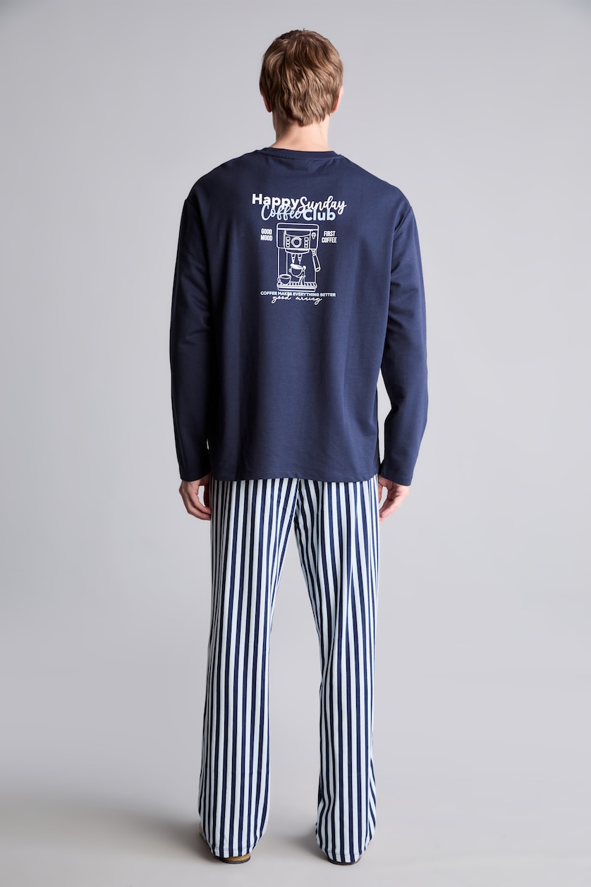 MAN NAVY Regular Fit 100% Cotton Long Sleeve Crew Neck Top and Striped Trousers Pajama Set