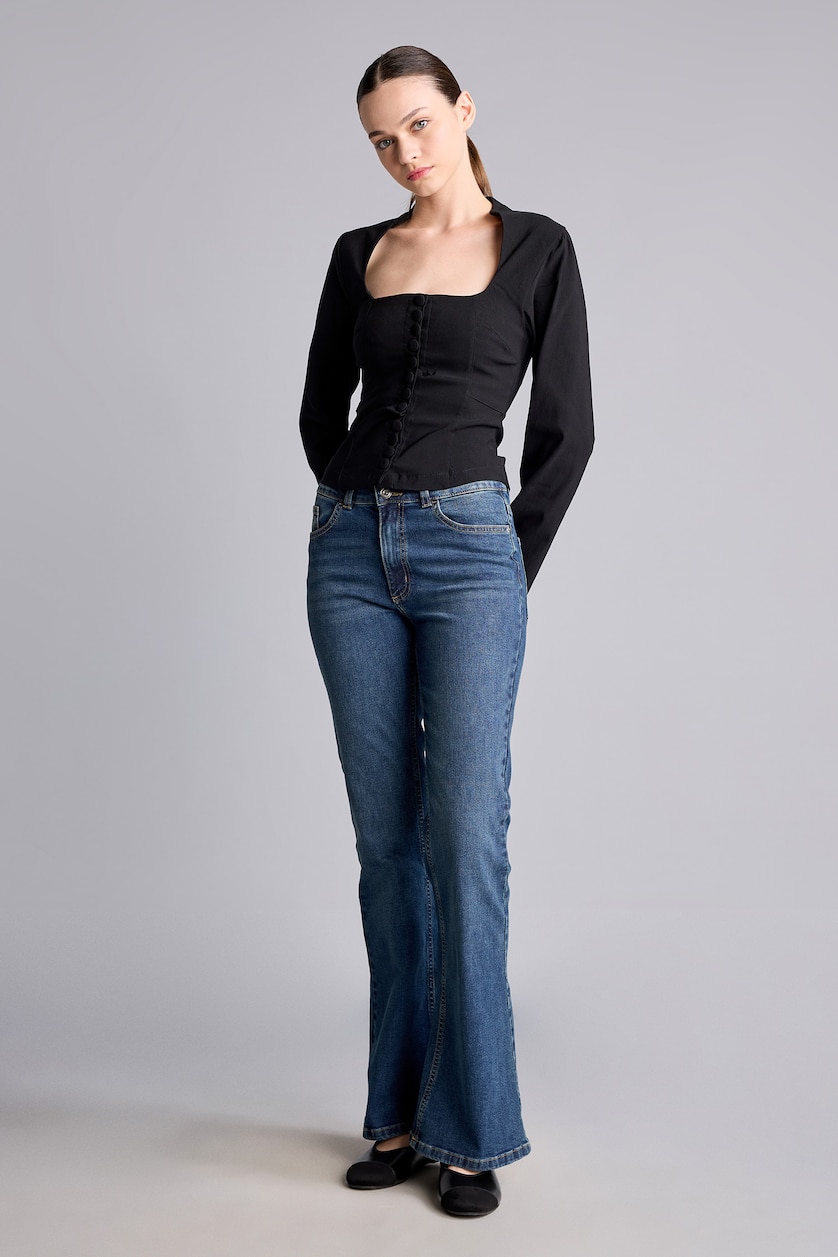 Әйелдерге қою көк Flare Fit клеш джинсы