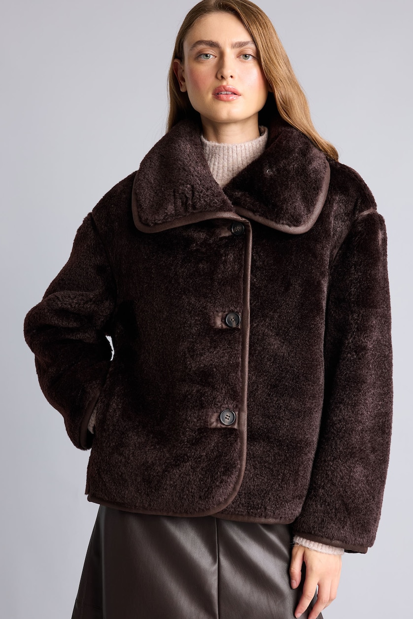 Women Brown Oversize Fit High Neck Faux Leather Jacket
