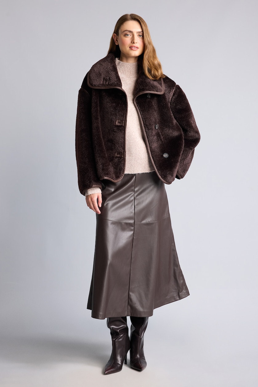 Women Brown Oversize Fit High Neck Faux Leather Jacket