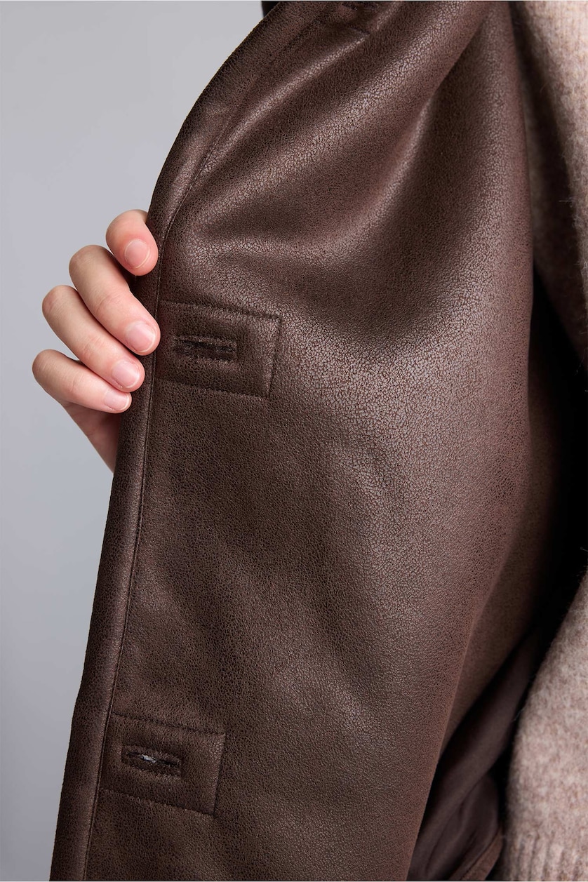 Women Brown Oversize Fit High Neck Faux Leather Jacket