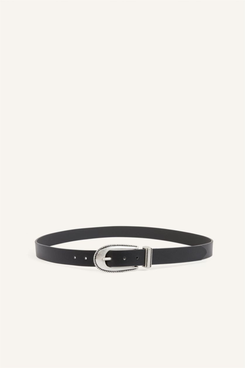 Women Black Woman Rectangle Clasp Faux Leather Jean Belt