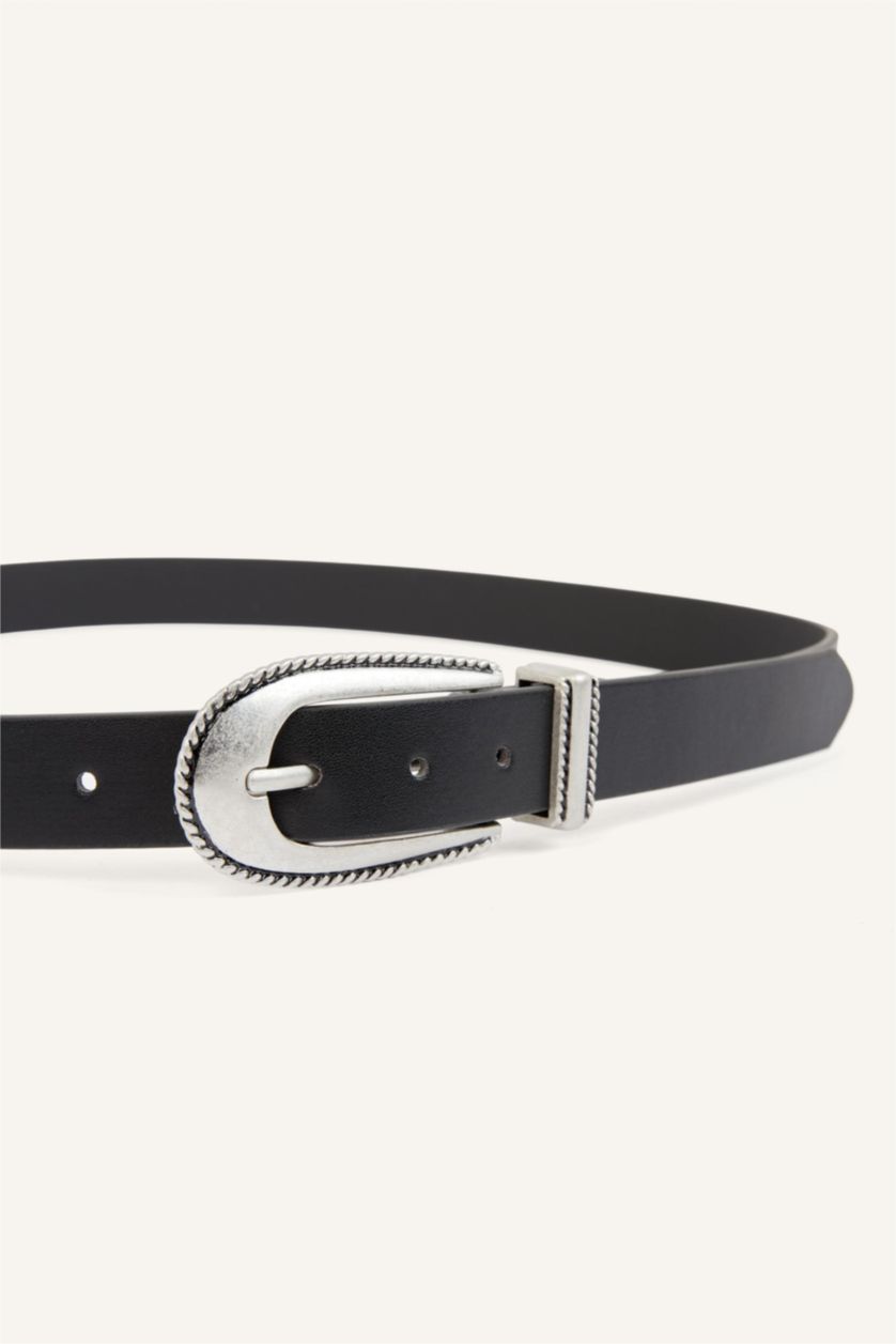 Women Black Woman Rectangle Clasp Faux Leather Jean Belt