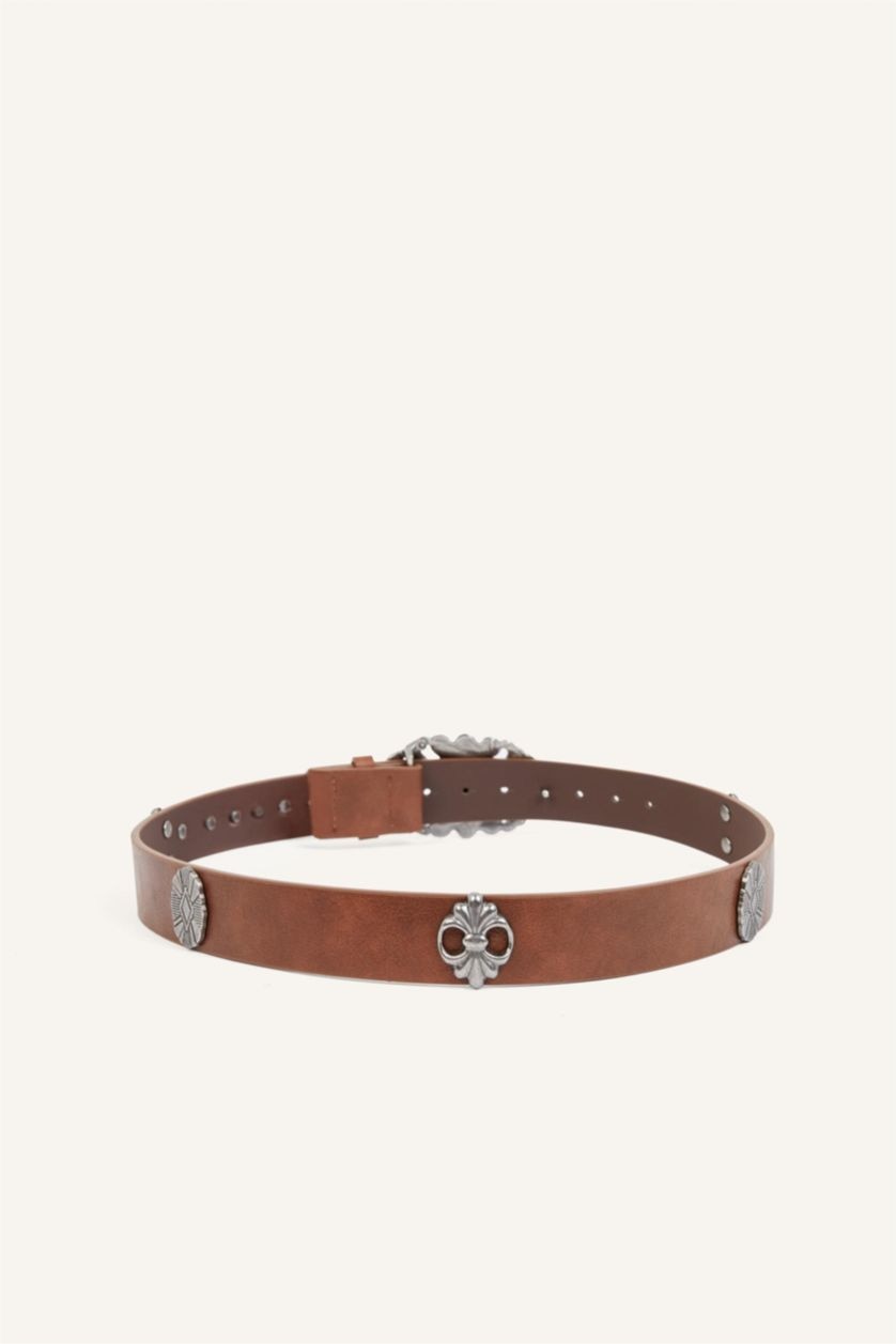 Women Brown Woman Rectangle Clasp Faux Leather Jean Belt