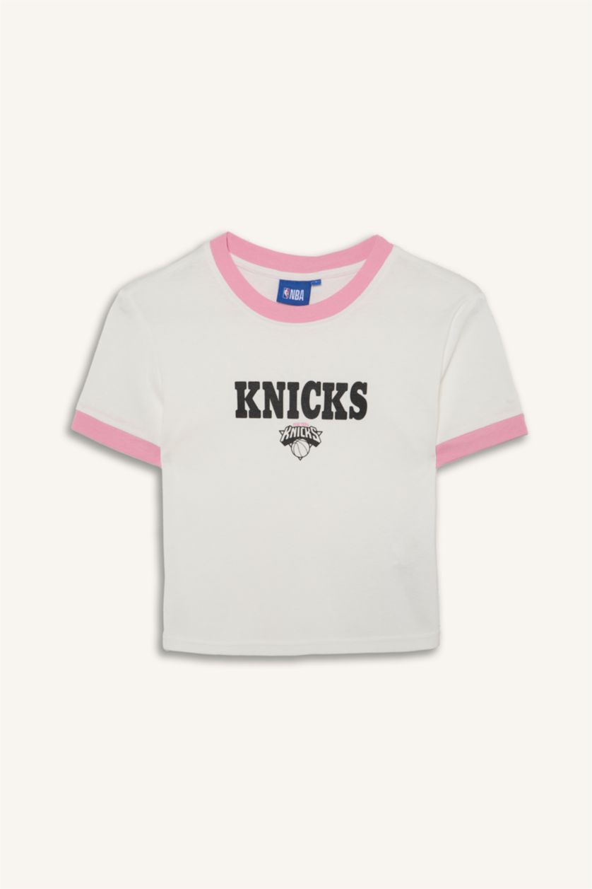 Kadın Ekru NBA Lisanslı Slim Fit Kısa Kollu Ribana Tişört