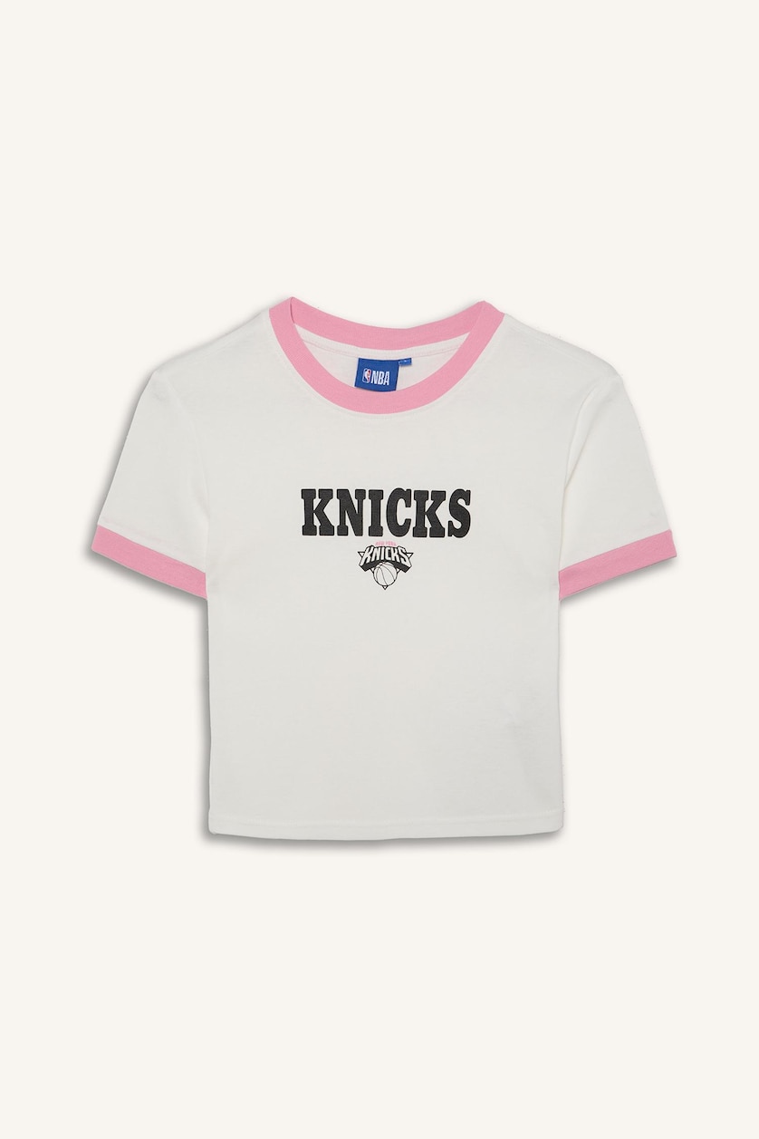 Kadın Ekru NBA Lisanslı Slim Fit Kısa Kollu Ribana Tişört