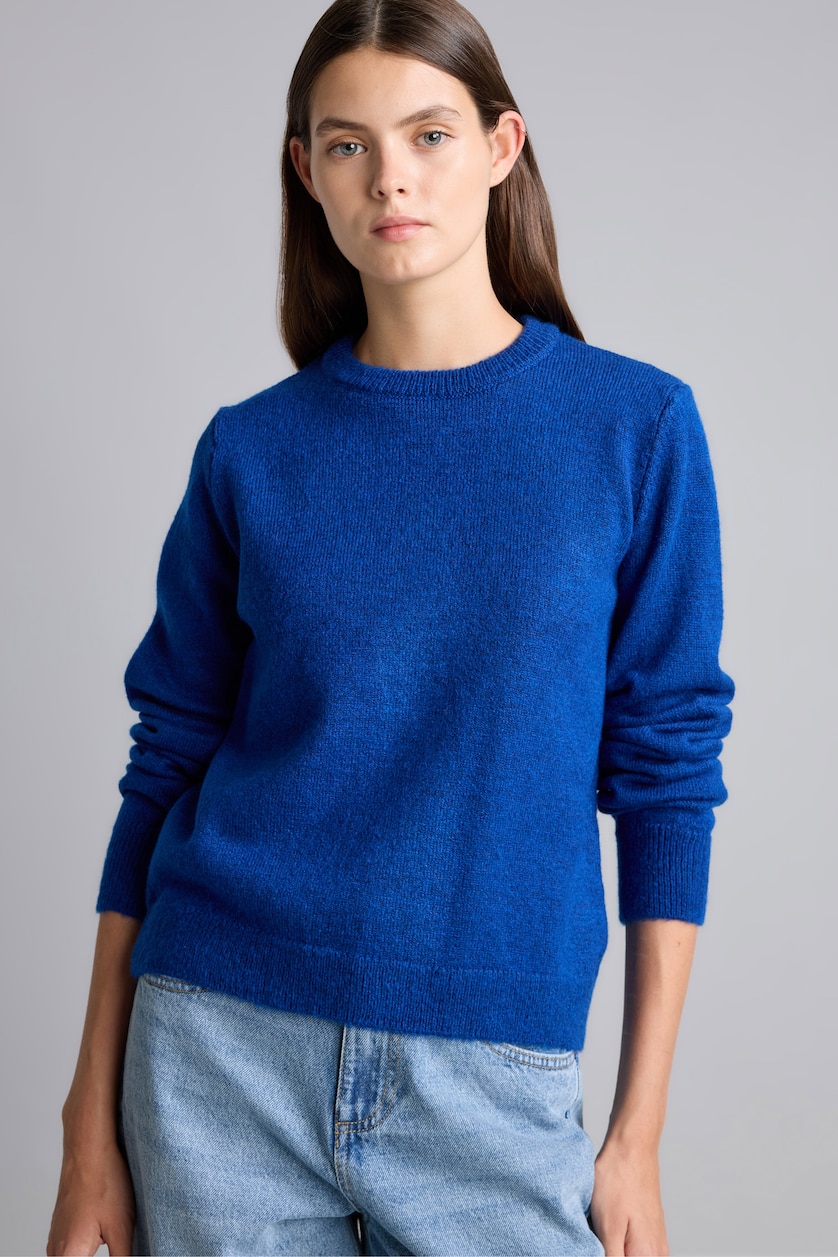 Kadın Saks Regular Fit Bisiklet Yaka Basic Kazak