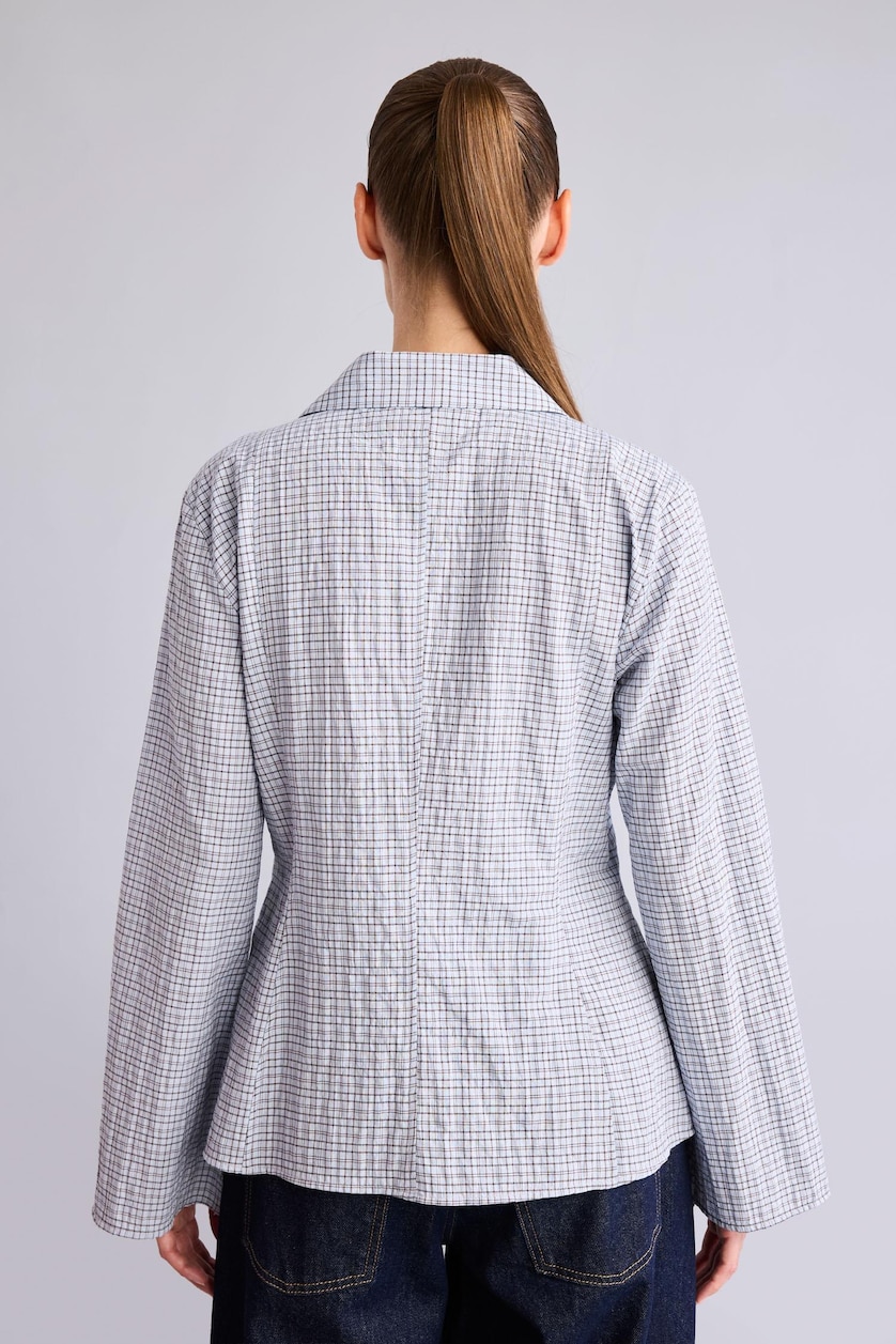 حريمي أزرق فاتح قميص كاروهات كم طويل منسوج قصة عادية