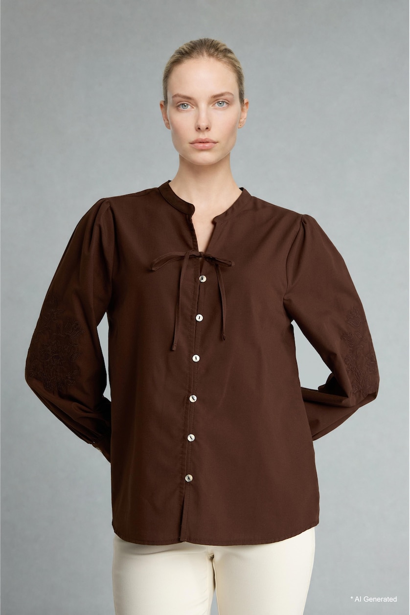 نساء بني Regular Fit Crew Neck Voile Long Sleeve Shirt