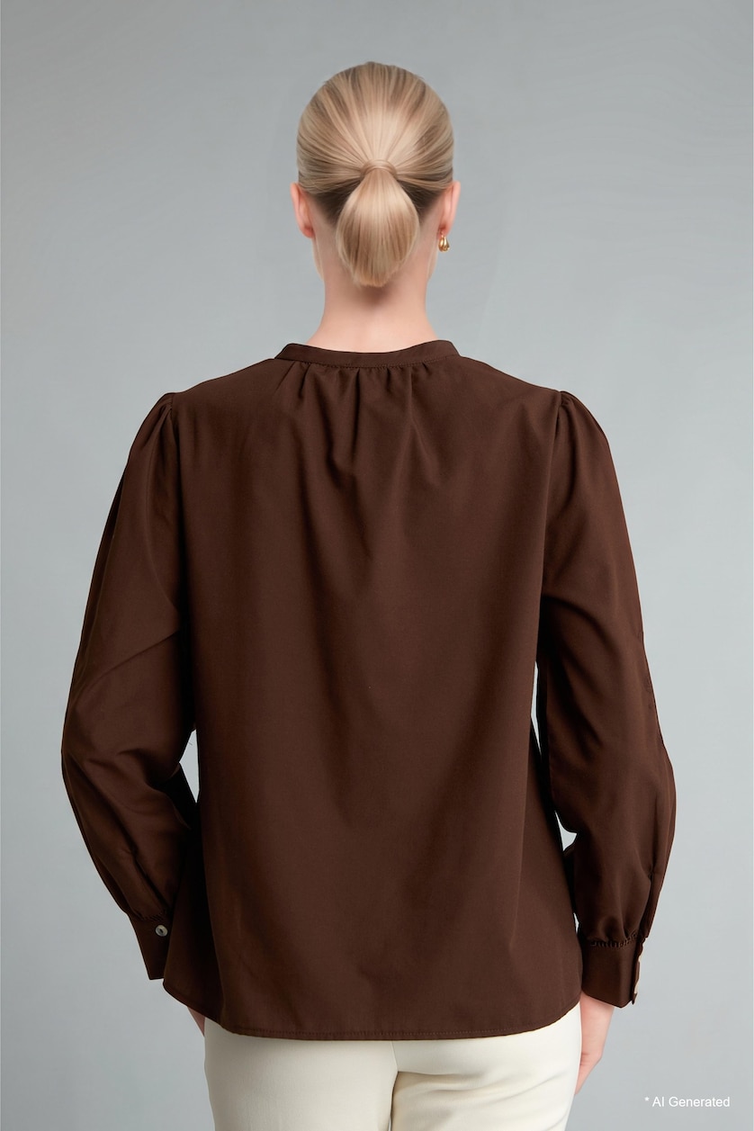 نساء بني Regular Fit Crew Neck Voile Long Sleeve Shirt