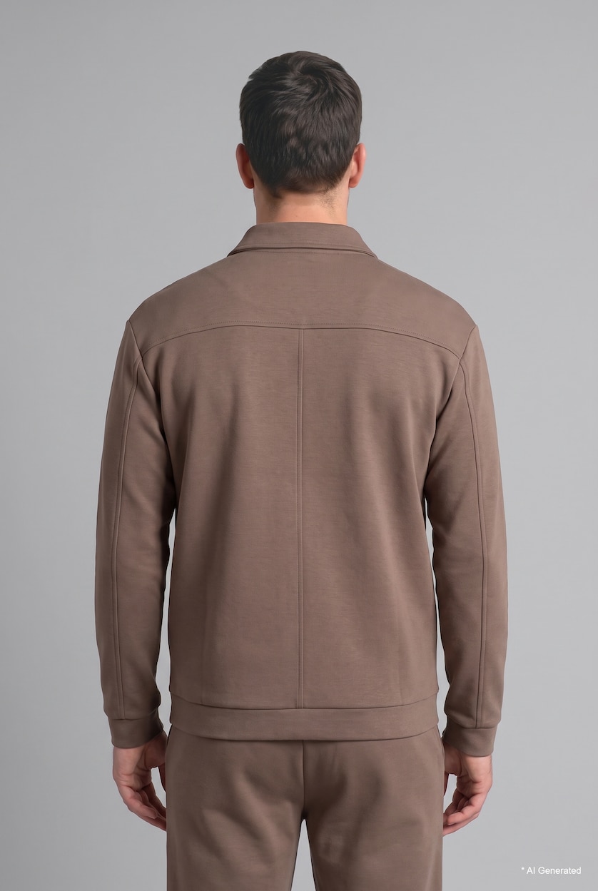 MESHKUJ Light Brown Regular Fit Polo Collar Zip-Up Basic Sweatshirt Cardigan