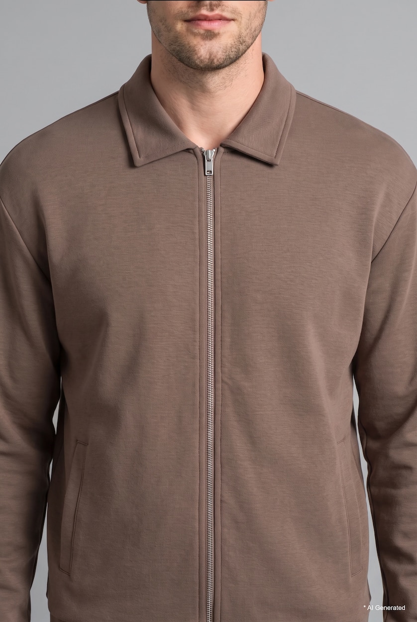 MESHKUJ Light Brown Regular Fit Polo Collar Zip-Up Basic Sweatshirt Cardigan