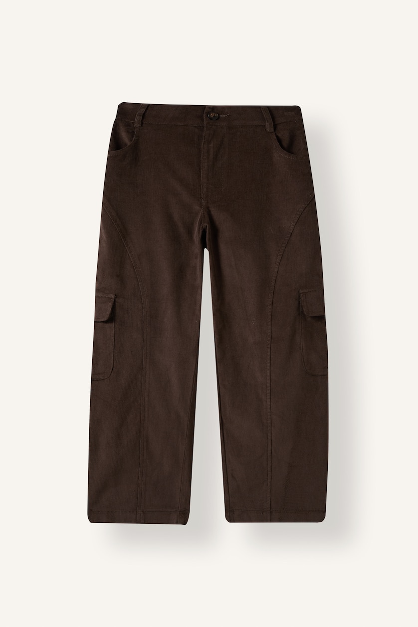Kız Çocuk - Genç Kız Kahve Kargo Cepli Barrel Fit Fitilli Pantolon Kız Çocuk