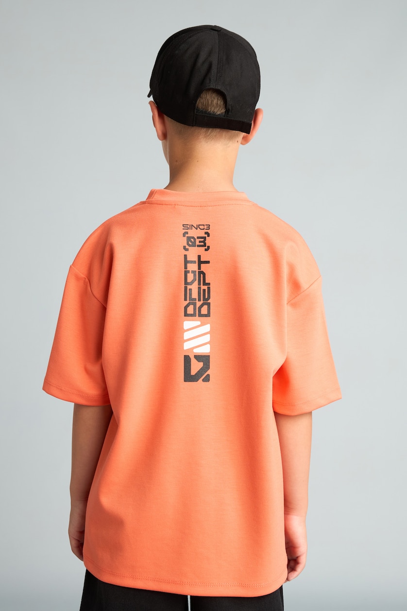 Erkek Çocuk - Genç Erkek Turuncu Oversize Modal Sırt Baskılı Tişört Erkek Çocuk