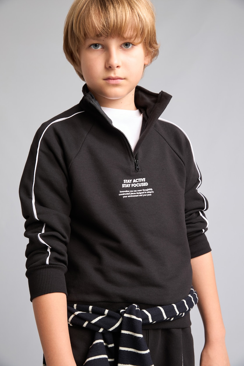 Erkek Çocuk - Genç Erkek Siyah Oversize Pamuklu Baskılı Sweatshirt Erkek Çocuk