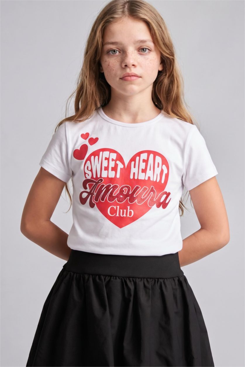 GIRLS & TEENS White تيشيرت ابيض بناتي نص كم مضلع بياقة مستديرة