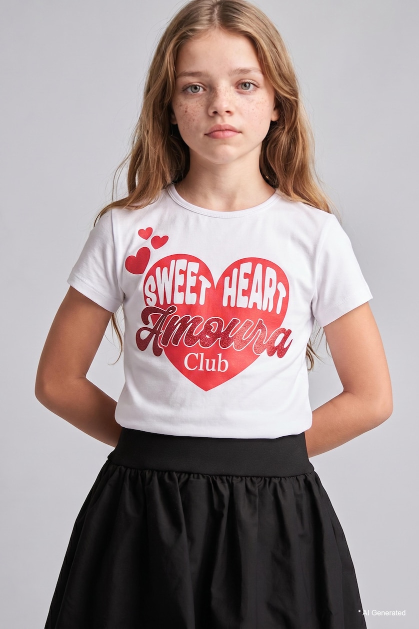 GIRLS & TEENS White Girl White Ribana Printed Crew Neck Short Sleeve T-Shirt