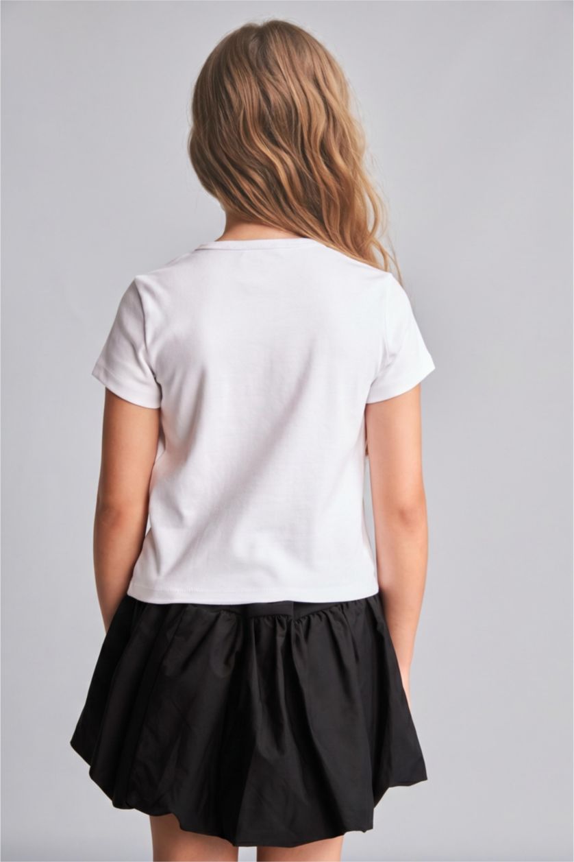 GIRLS & TEENS White تيشيرت ابيض بناتي نص كم مضلع بياقة مستديرة