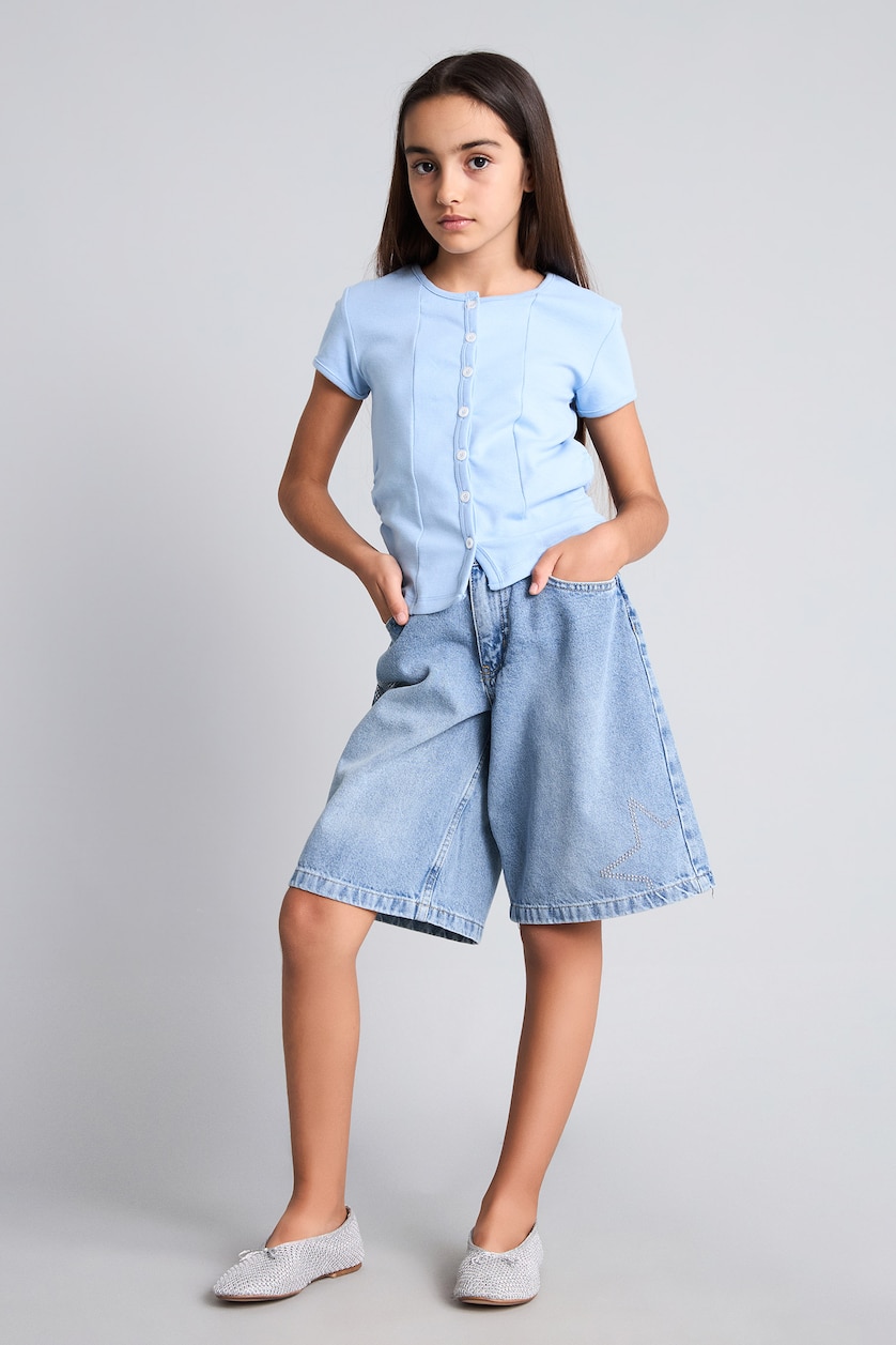 Young Girls - Teen Girls Light Blue Girl Ribbed Short Sleeve T-Shirt