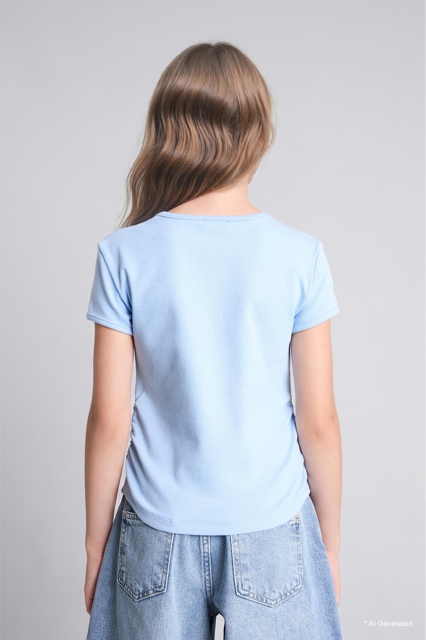 Young Girls - Teen Girls Light Blue Girl Ribbed Short Sleeve T-Shirt