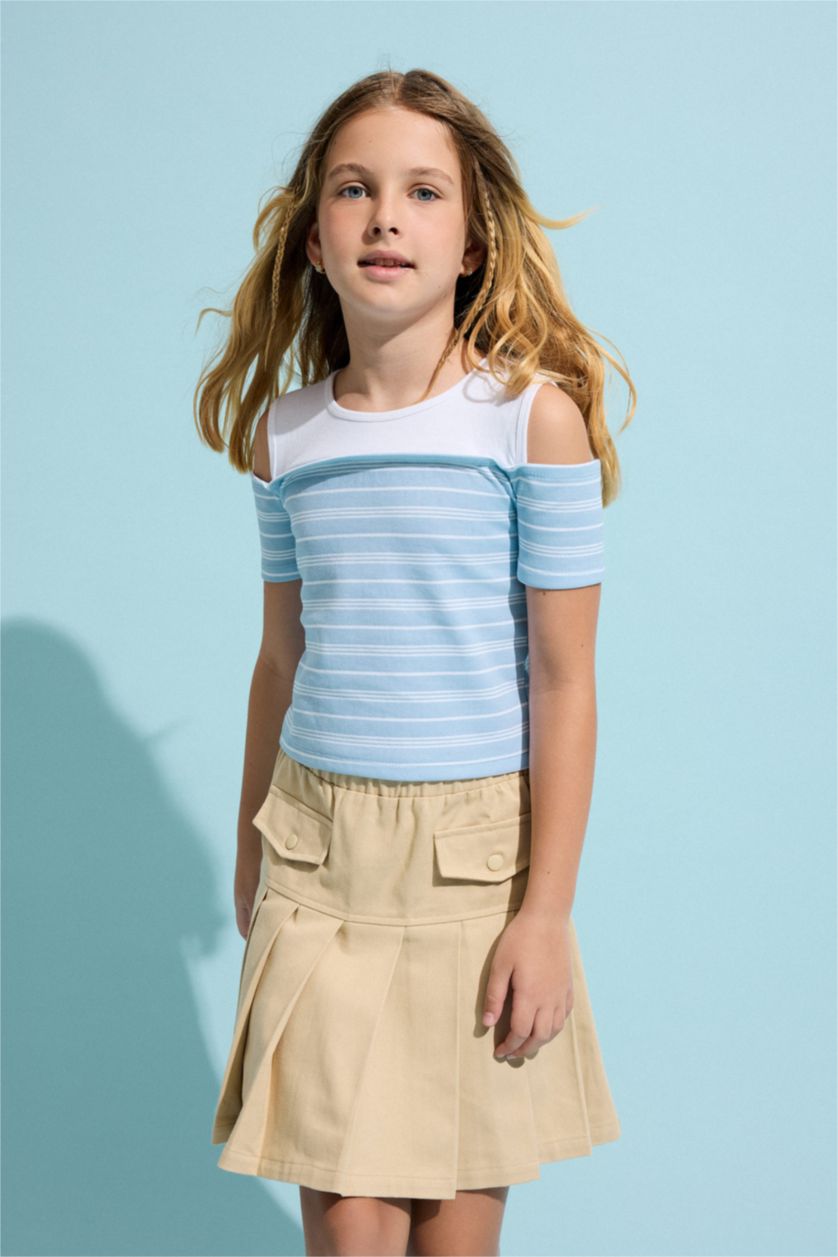 GIRLS & TEENS Light Blue تيشيرت بناتي مخطط نص كم مضلع بكتف مفتوح
