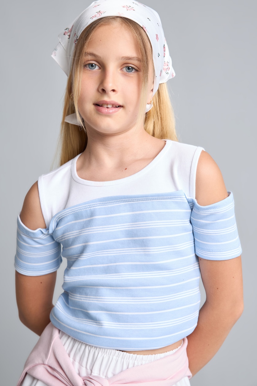 Young Girls - Teen Girls Light Blue Girl Light Blue Off-Shoulder Striped Ribbed Short-Sleeve T-Shirt