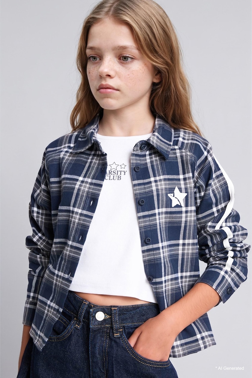 GIRLS & TEENS NAVY Girl Regular Fit 100% Cotton Checkered Flannel Back Printed Shirt