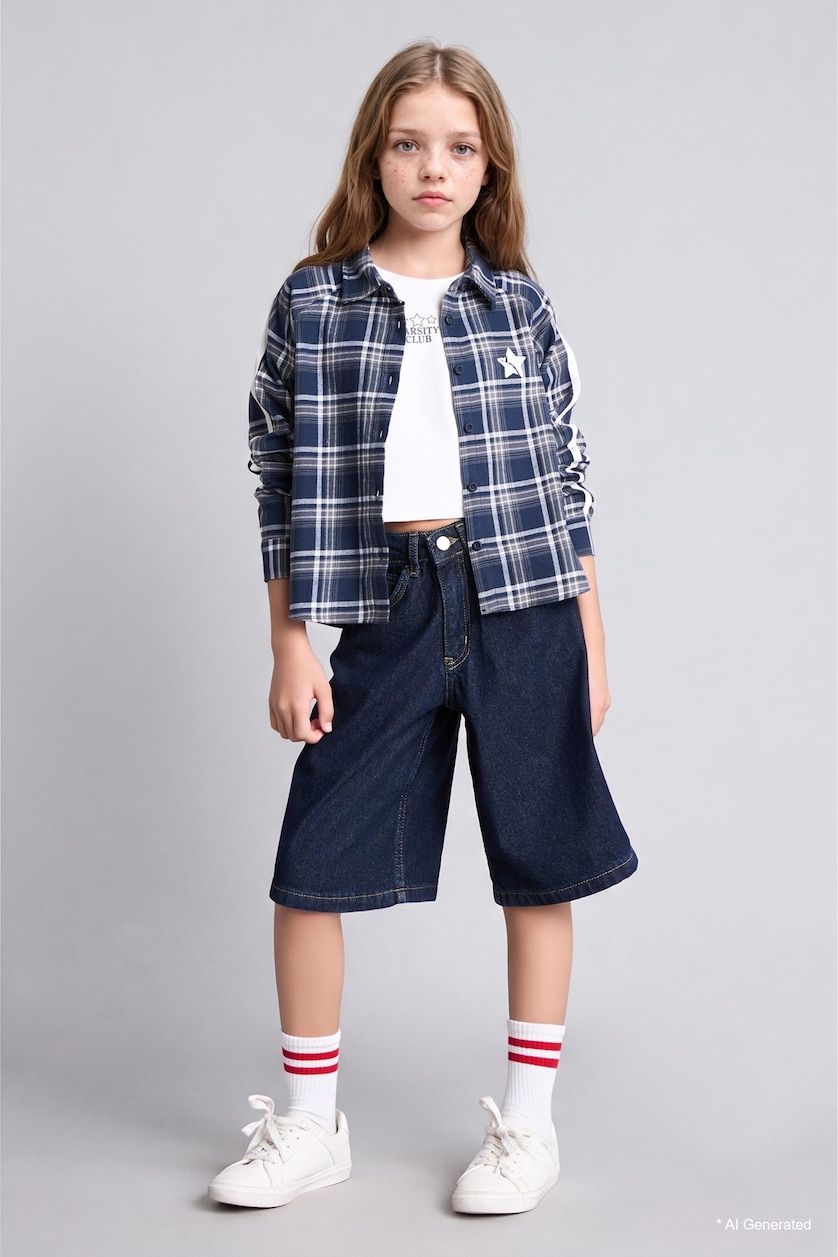 GIRLS & TEENS NAVY Girl Regular Fit 100% Cotton Checkered Flannel Back Printed Shirt