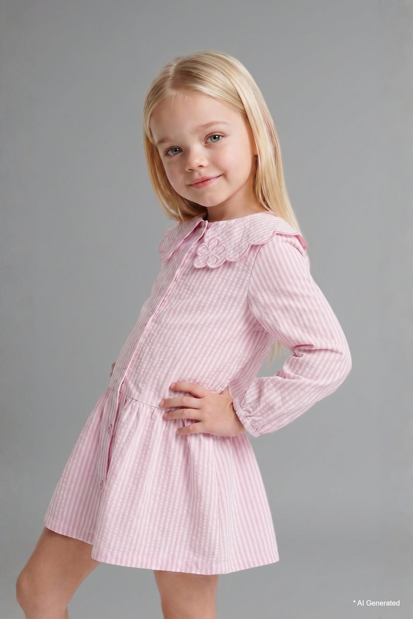 BABY GIRL Pink Baby Girl Textured Striped Long Sleeve Woven Dress