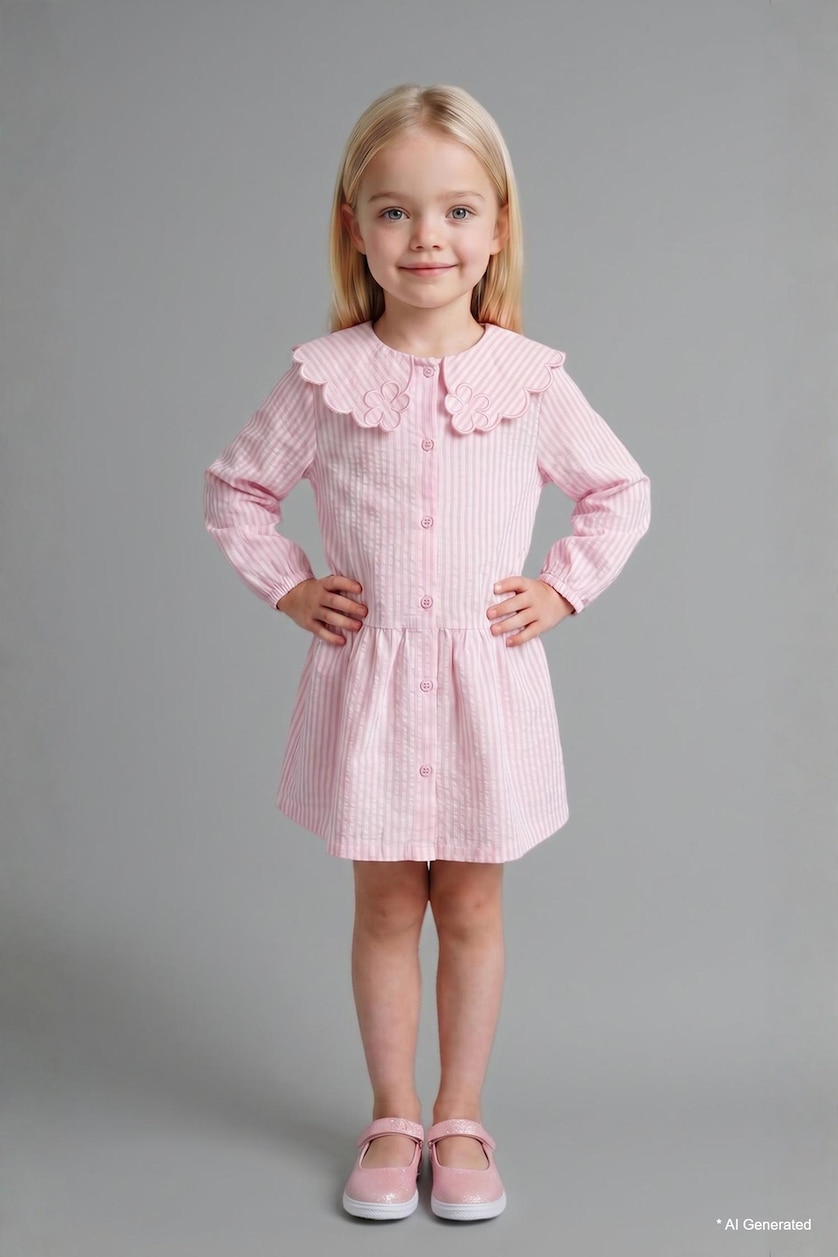 BABY GIRL Pink Baby Girl Textured Striped Long Sleeve Woven Dress