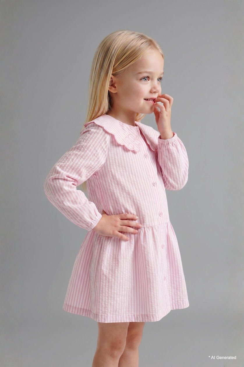 BABY GIRL Pink Baby Girl Textured Striped Long Sleeve Woven Dress
