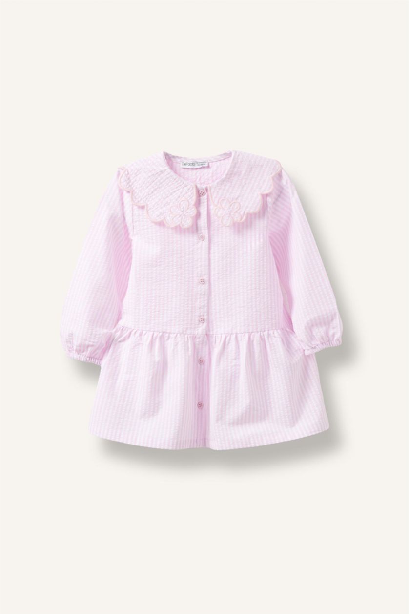 BABY GIRL Pink فستان بناتي مخطط منسوج كم طويل