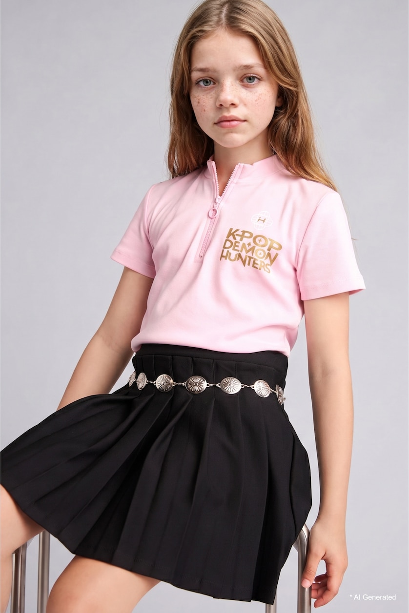 FILLES Rose Clair T-shirt Kpop Demon Hunters à manches courtes et demi-fermeture zip pour fille