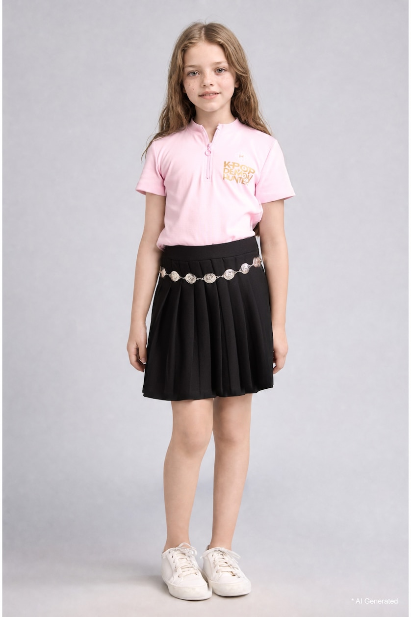 FILLES Rose Clair T-shirt Kpop Demon Hunters à manches courtes et demi-fermeture zip pour fille