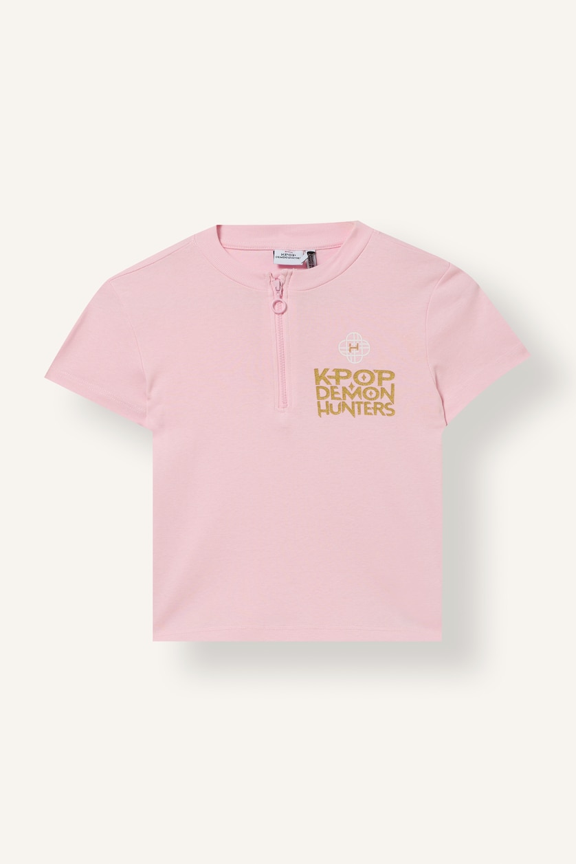 FILLES Rose Clair T-shirt Kpop Demon Hunters à manches courtes et demi-fermeture zip pour fille