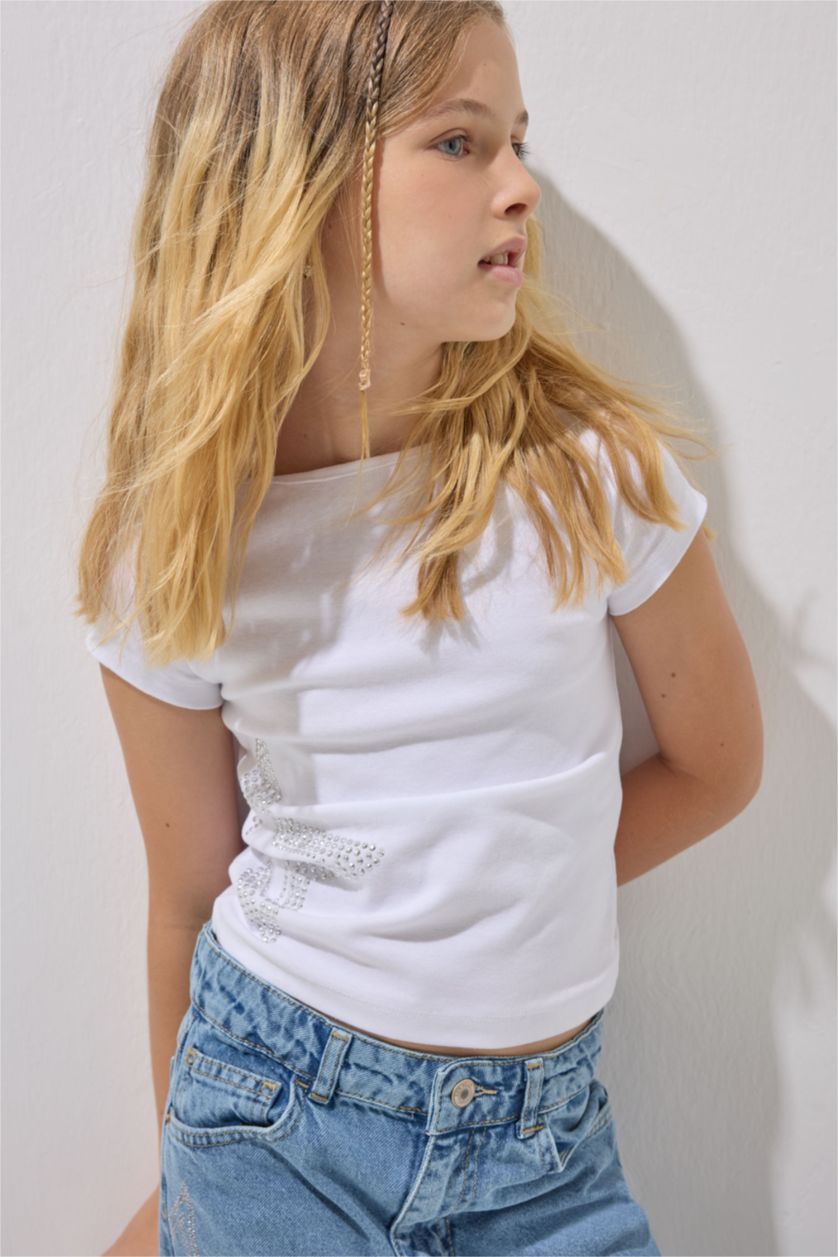 GIRLS & TEENS White تيشيرت ابيض بناتي نص كم مضلع بطبعة نجم