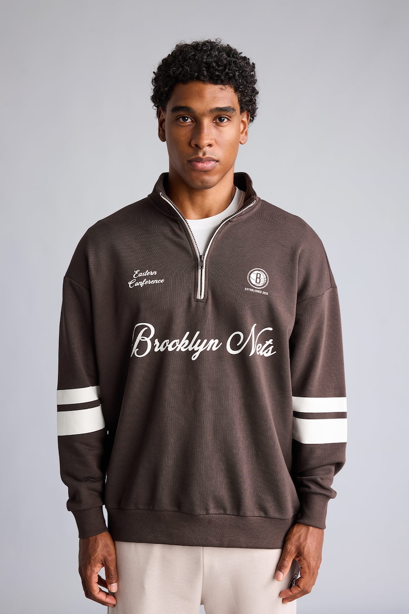 Erkek Kahve NBA Yarım Fermuarlı Oversize Sweatshirt