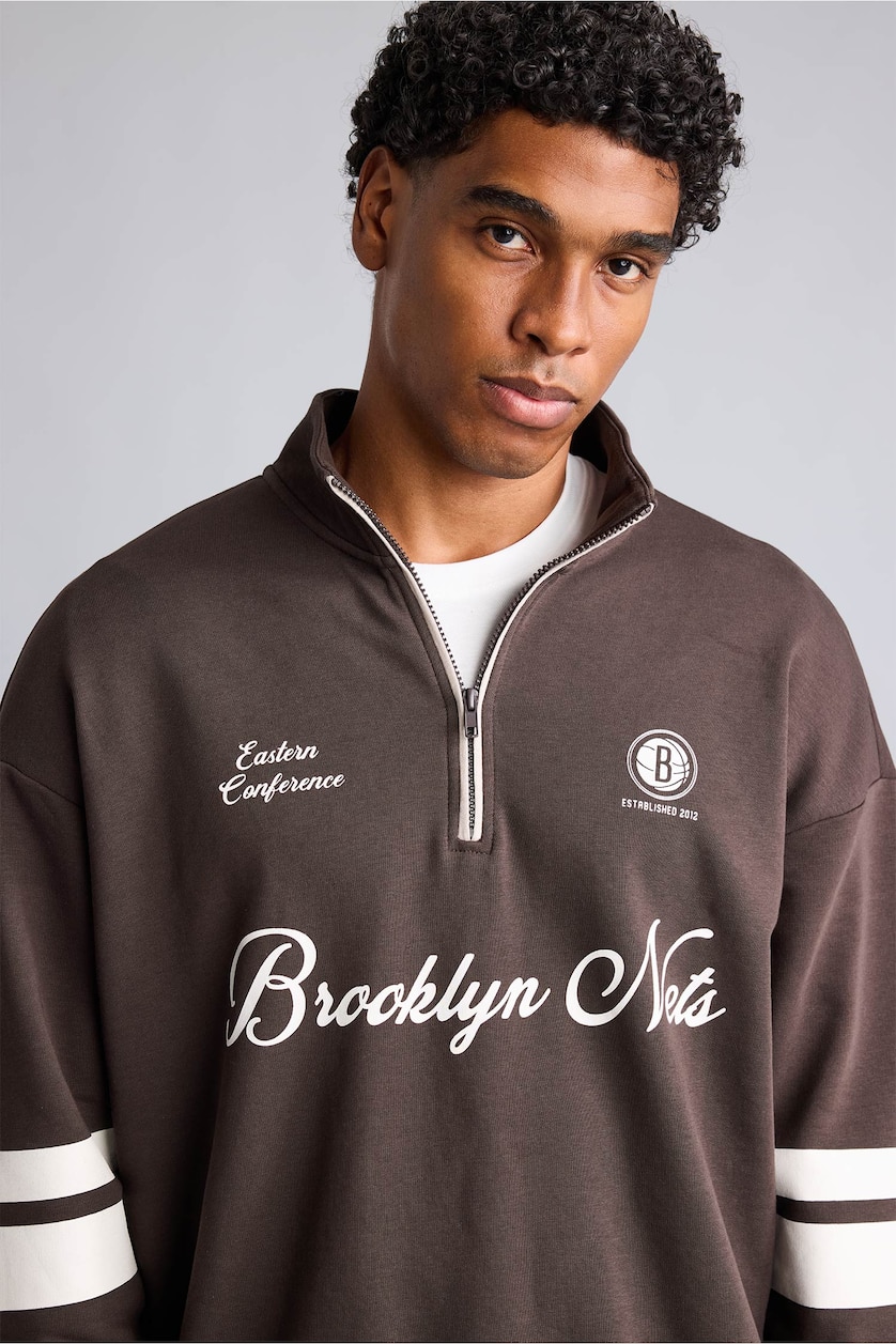 Erkek Kahve NBA Yarım Fermuarlı Oversize Sweatshirt