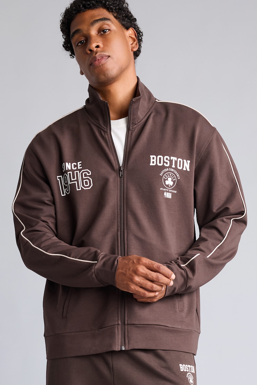 Erkek Kahve NBA Boston Celtics Standart Fit Fermuarlı Sweatshirt Hırka
