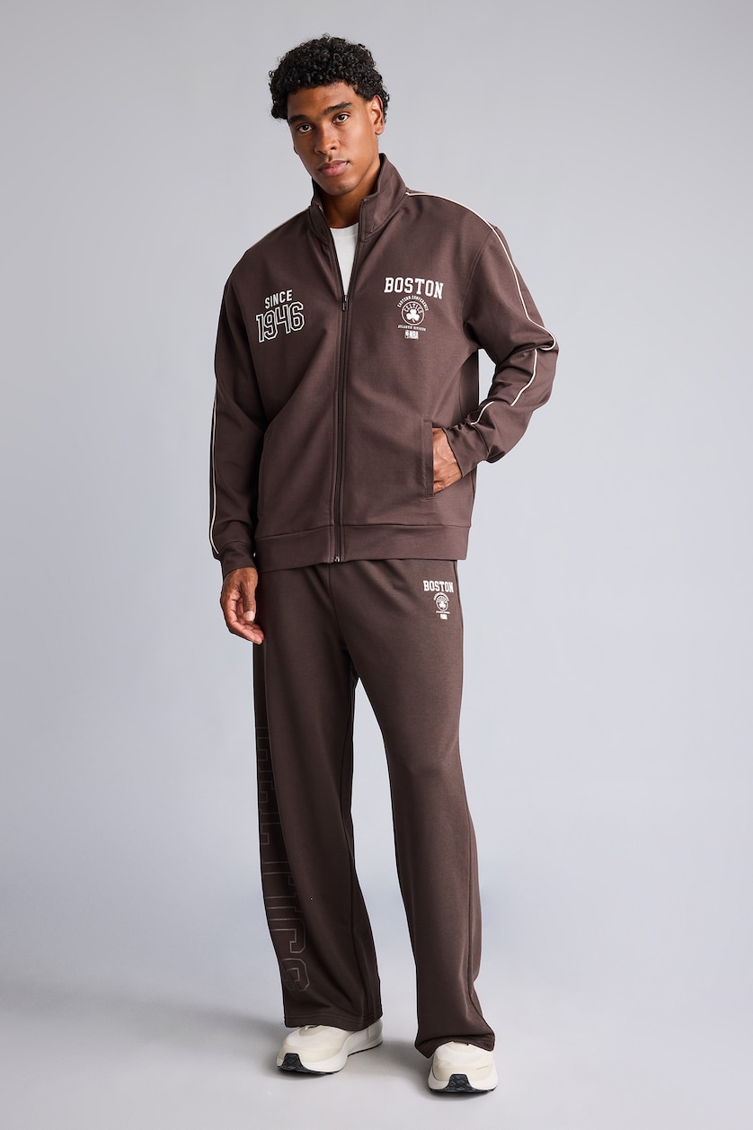 Erkek Kahve NBA Boston Celtics Standart Fit Fermuarlı Sweatshirt Hırka