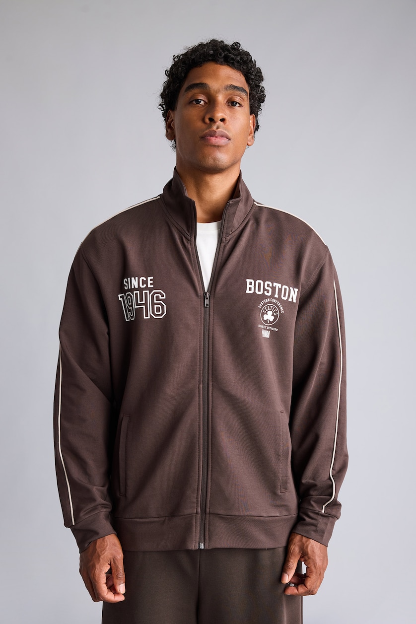 Erkek Kahve NBA Boston Celtics Standart Fit Fermuarlı Sweatshirt Hırka