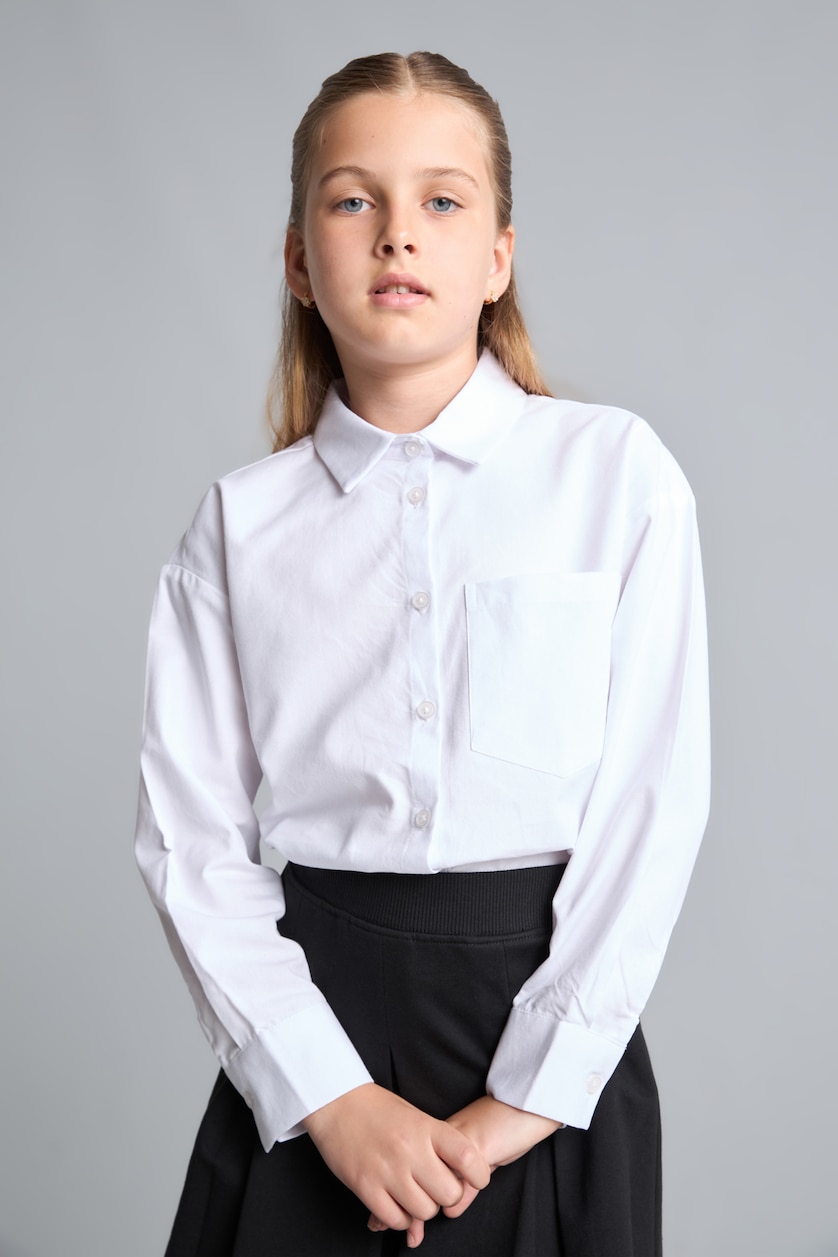 Kız Çocuk - Genç Kız Beyaz %100 Pamuk Regular Fit Uzun Kollu Oxford Gömlek Kız Çocuk