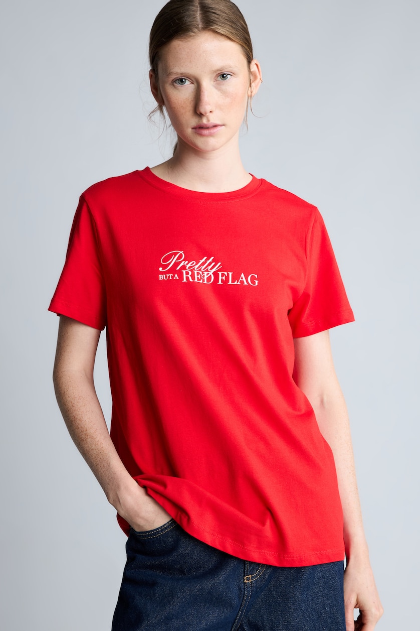 Woman Red Regular Fit 100% Cotton Printed Crew Neck Short Sleeve T-Shirt