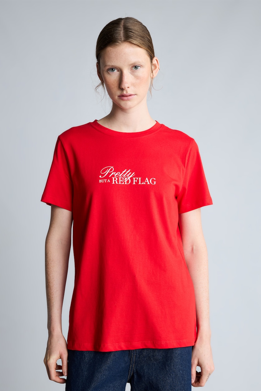 Woman Red Regular Fit 100% Cotton Printed Crew Neck Short Sleeve T-Shirt