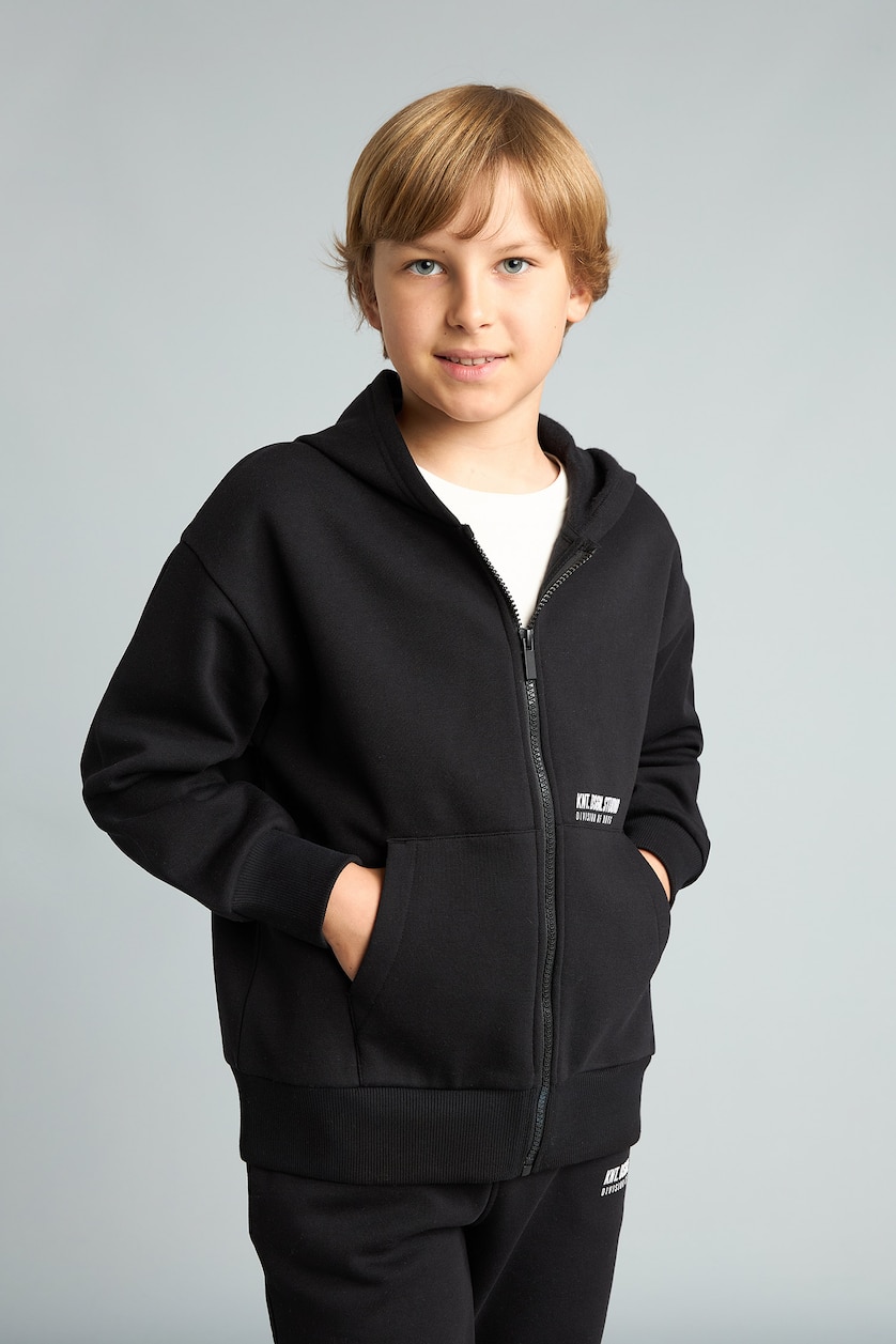Erkek Çocuk - Genç Erkek Siyah Baskılı Kapüşonlu Sweatshirt Hırka Erkek Çocuk