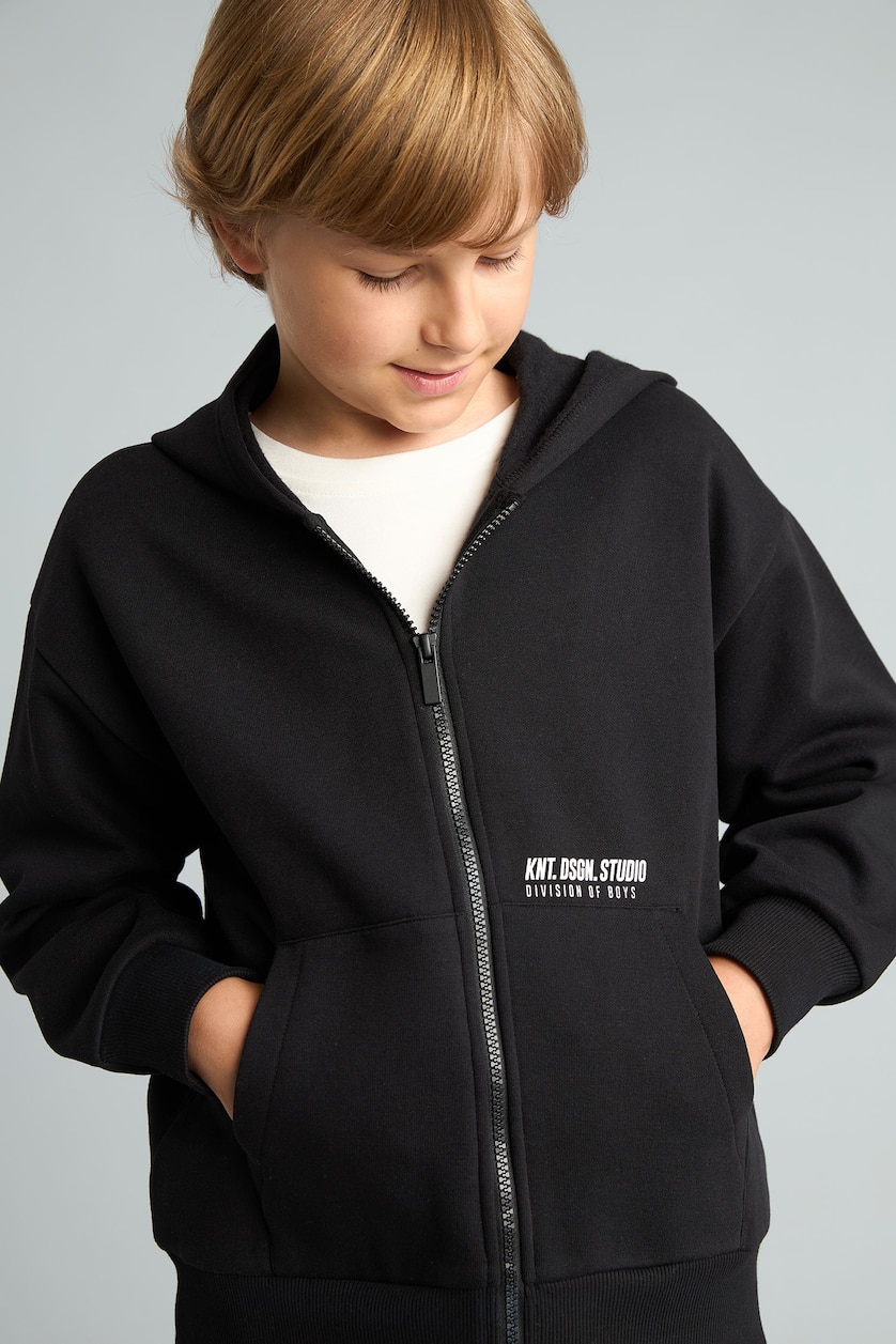 Erkek Çocuk - Genç Erkek Siyah Baskılı Kapüşonlu Sweatshirt Hırka Erkek Çocuk