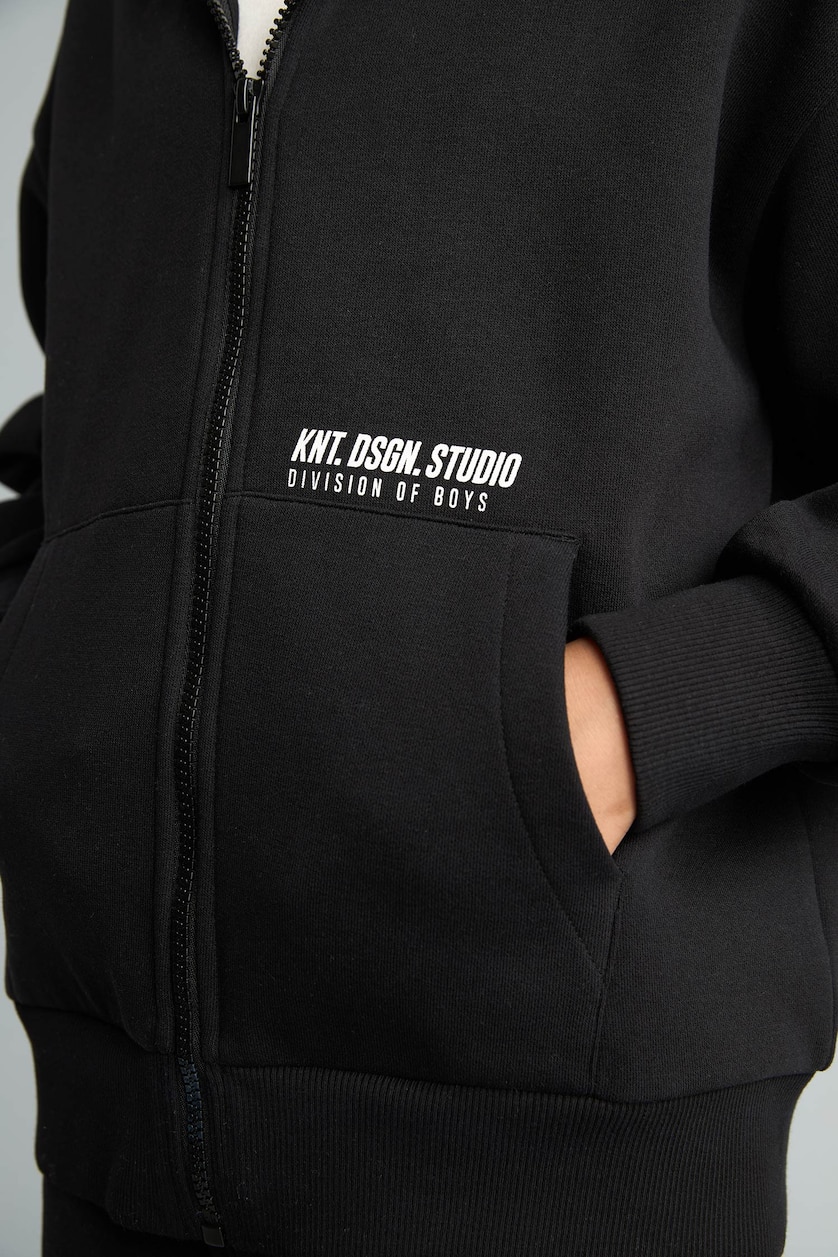 Erkek Çocuk - Genç Erkek Siyah Baskılı Kapüşonlu Sweatshirt Hırka Erkek Çocuk